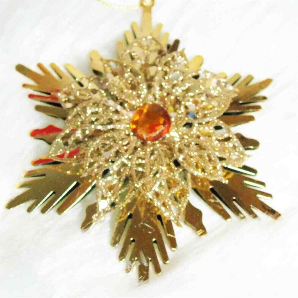 Gold Poinsettia Flower Snowflake 5" METAL CHRISTMAS ORNAMENT Rhinestone